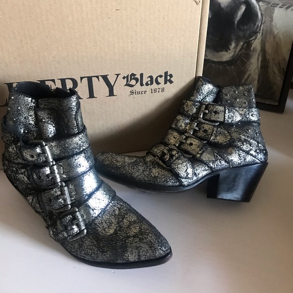 LIBERTY Black Shoes - LIBERTY BLACK Metallic Silver Buckle Booties